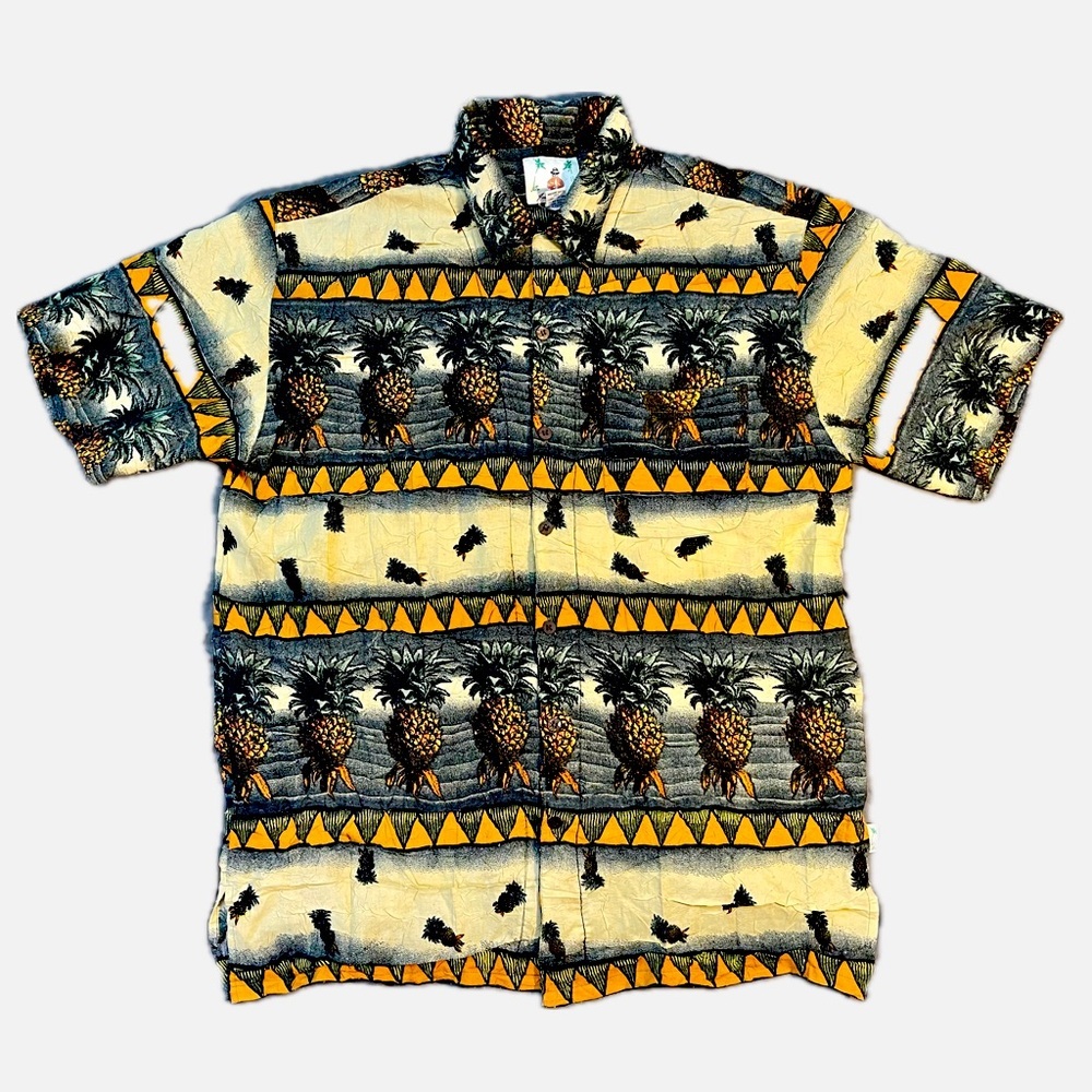 90's Joe Marlin Tropical Hawaiian Pineapple Palm Tree Volcano Crinkle Shirt 2X